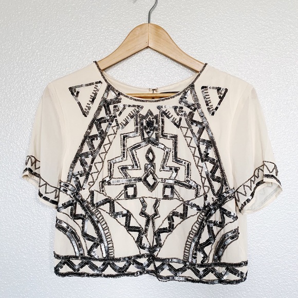 Missguided Tops - Tan/Champagne Beaded Open Back Crop Top